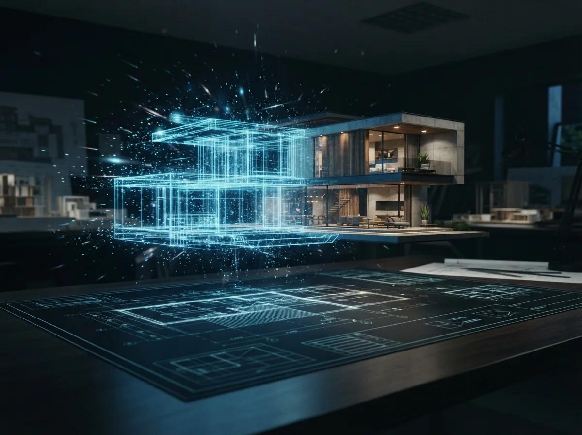 Hologramme de maison qui devient réel — rendu d’exemple (Kling, Seedance, Veo)