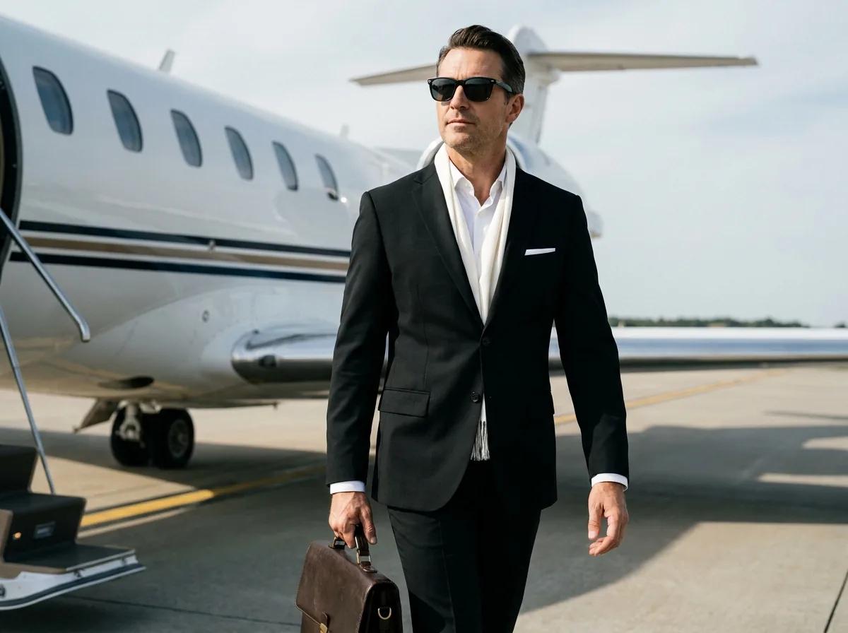 Portrait lifestyle devant un jet privé — rendu d’exemple (Nano Banana)