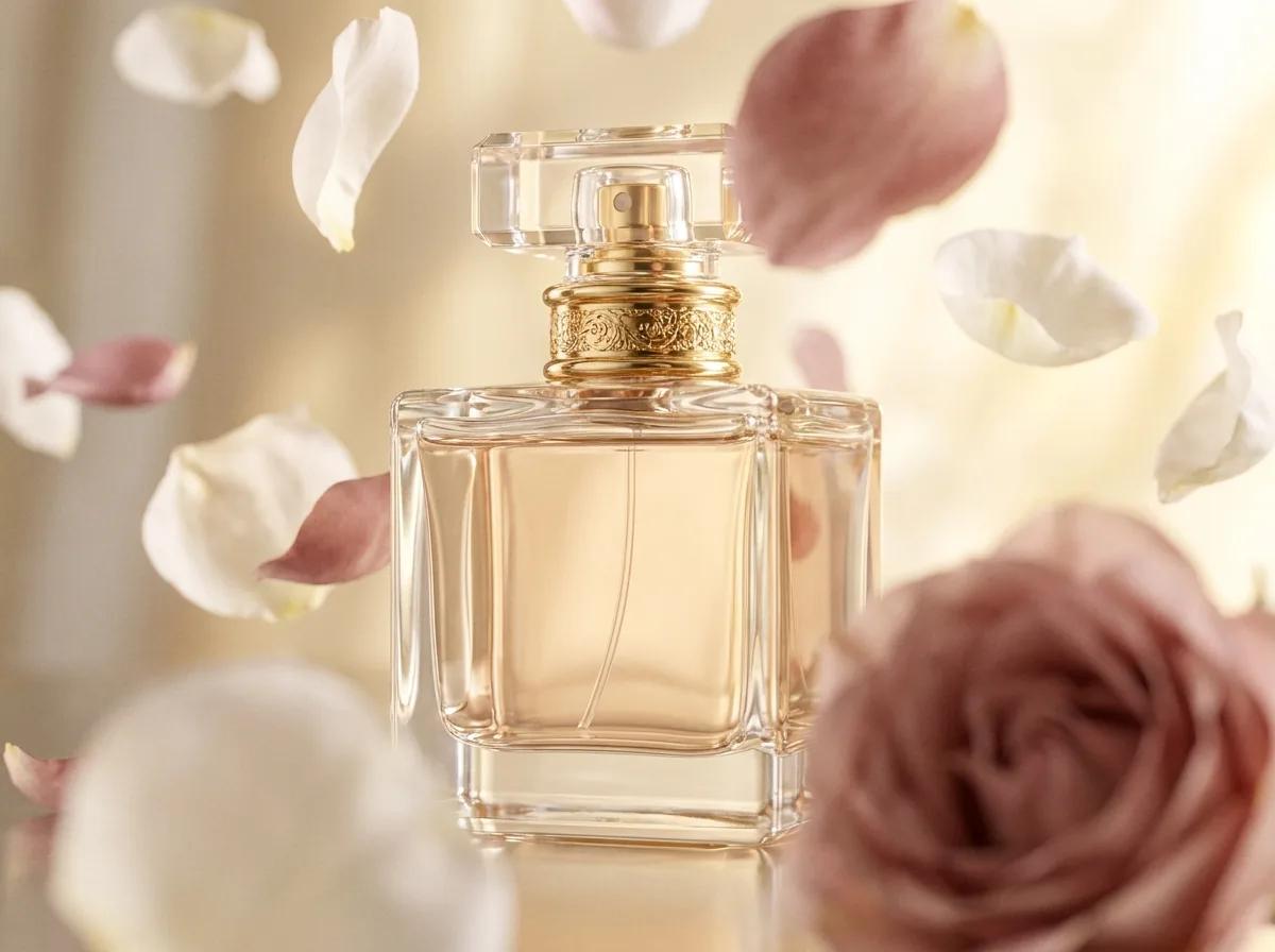 Packshot de parfum aux pétales en suspension — rendu d’exemple (Nano Banana)