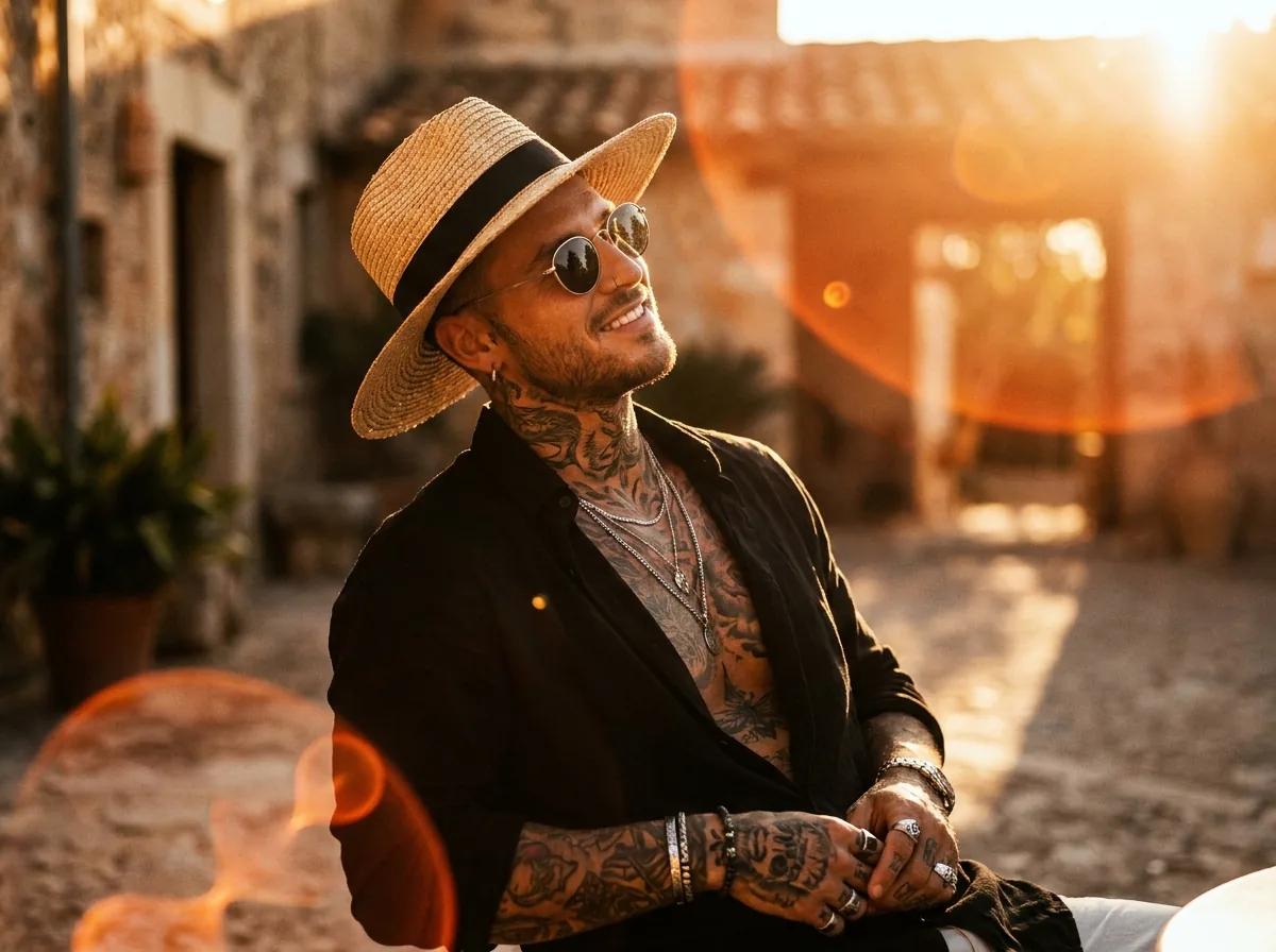 Portrait rustique boho dans une cour au soleil — rendu d’exemple (Nano Banana)