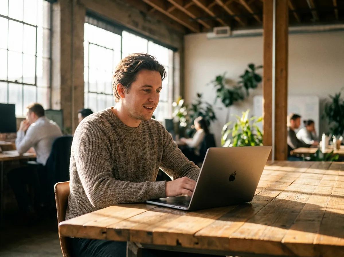 Portrait candide en espace de coworking ensoleillé — rendu d’exemple (Nano Banana)