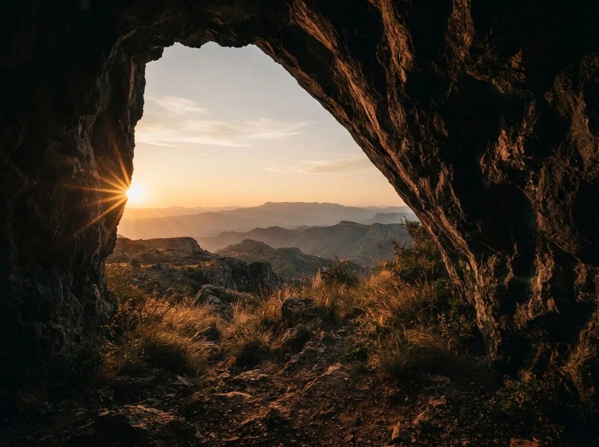 Paysage de montagne vu depuis une grotte — rendu d’exemple (Nano Banana, Midjourney)