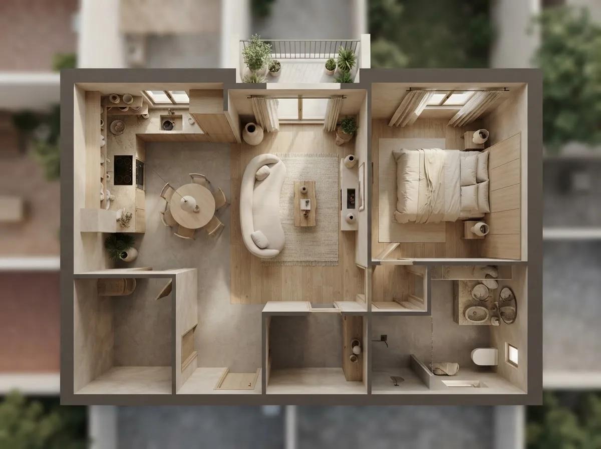 Plan d’appartement en rendu wabi-sabi vu du dessus — rendu d’exemple (GPT Image)