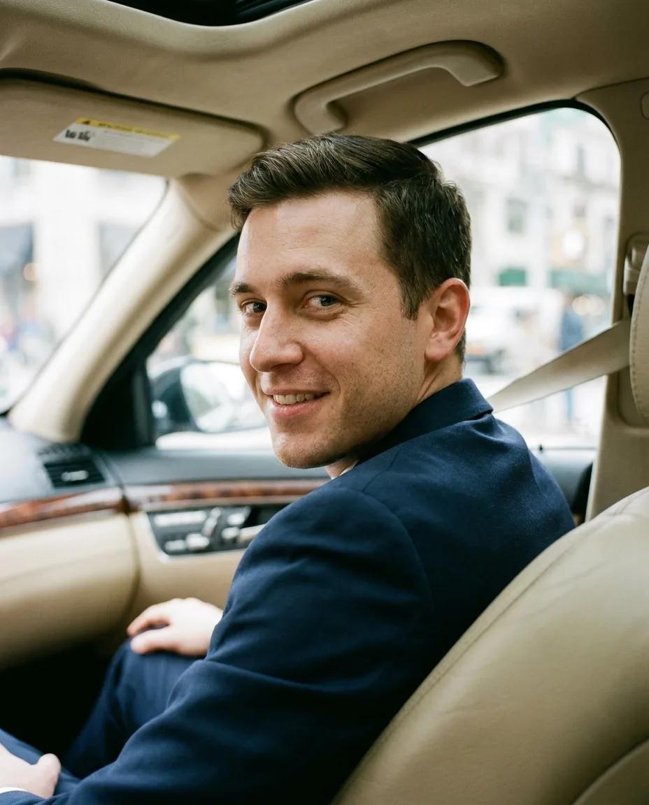 Portrait lifestyle au volant d’une voiture de luxe — rendu d’exemple (Nano Banana)
