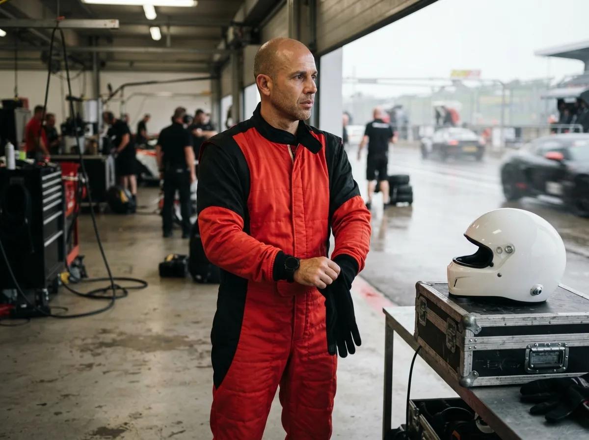 Pilote debout dans le stand — rendu d’exemple (GPT Image)