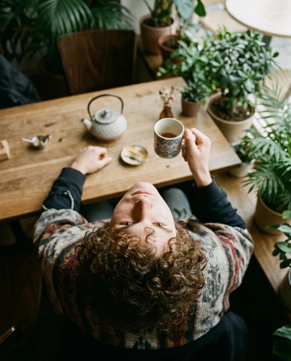 Portrait en plongée dans un café-jardin — rendu d’exemple (Nano Banana)