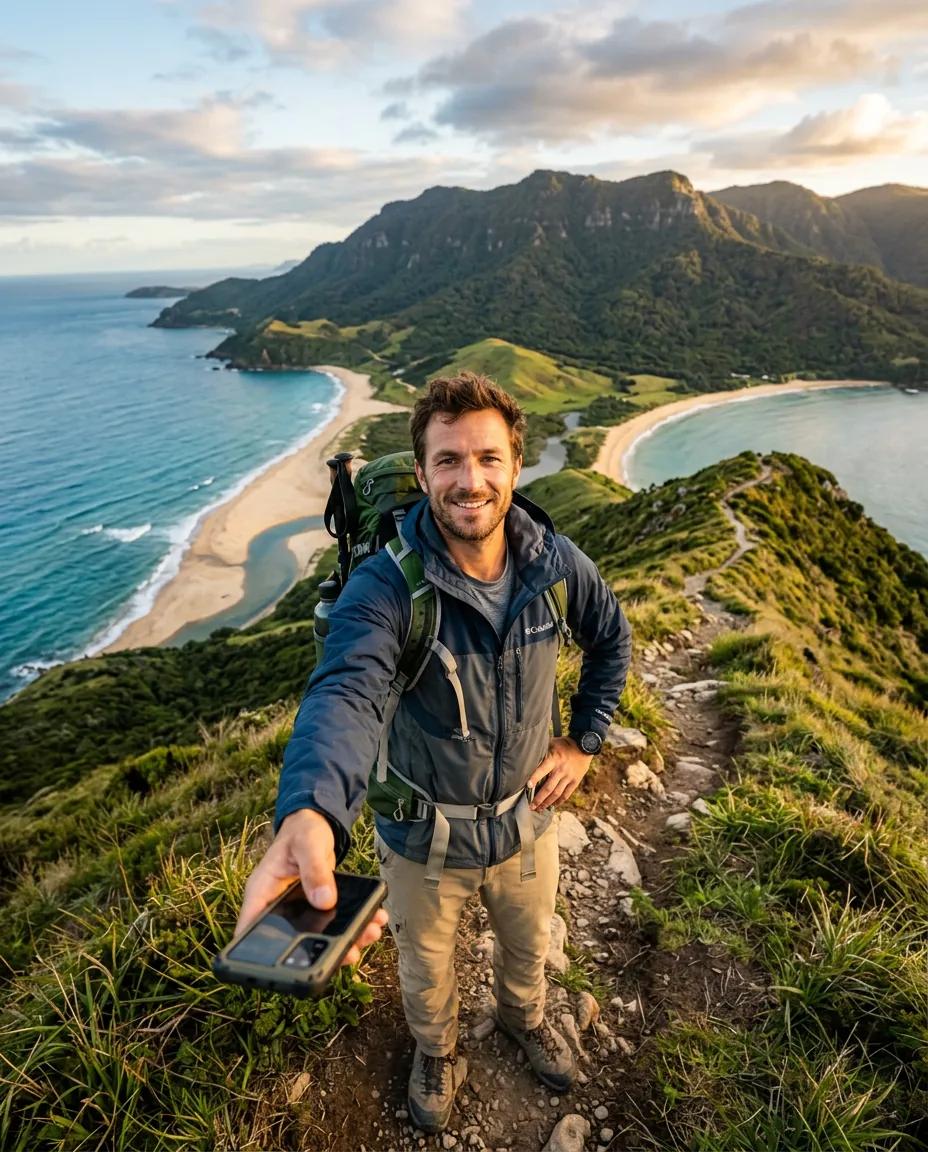 Selfie de randonnée sur une crête — rendu d’exemple (Nano Banana)