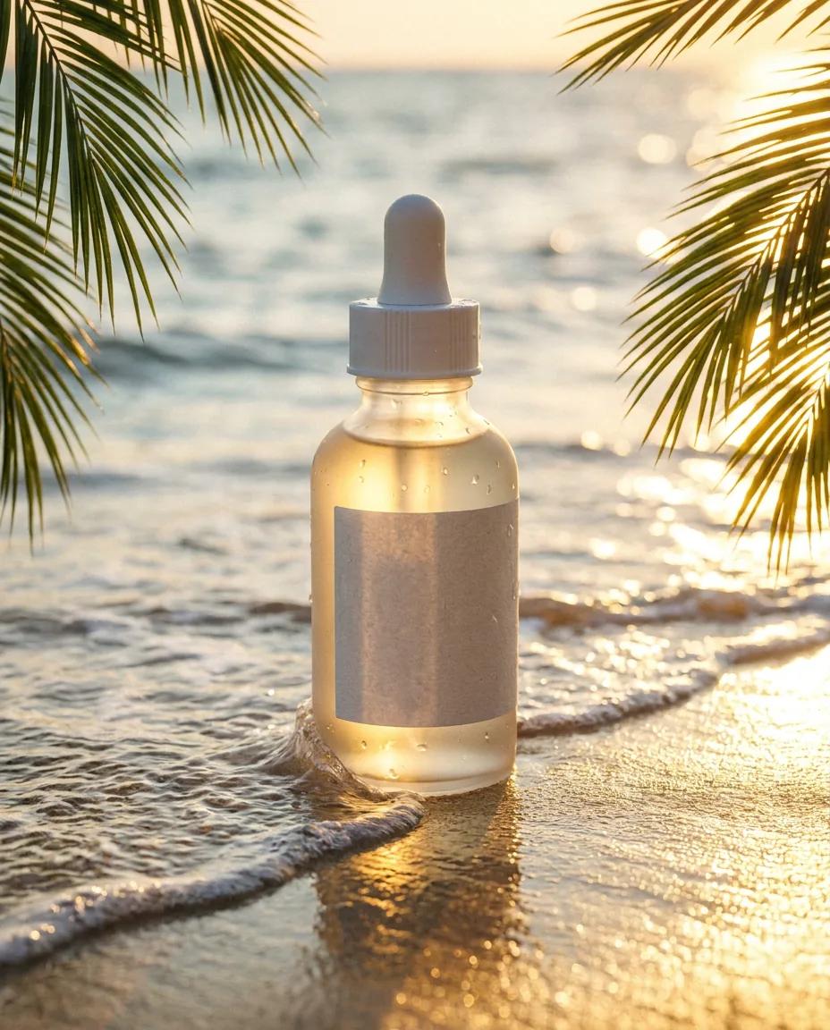 Packshot de flacon de soin en bord de mer — rendu d’exemple (Nano Banana)