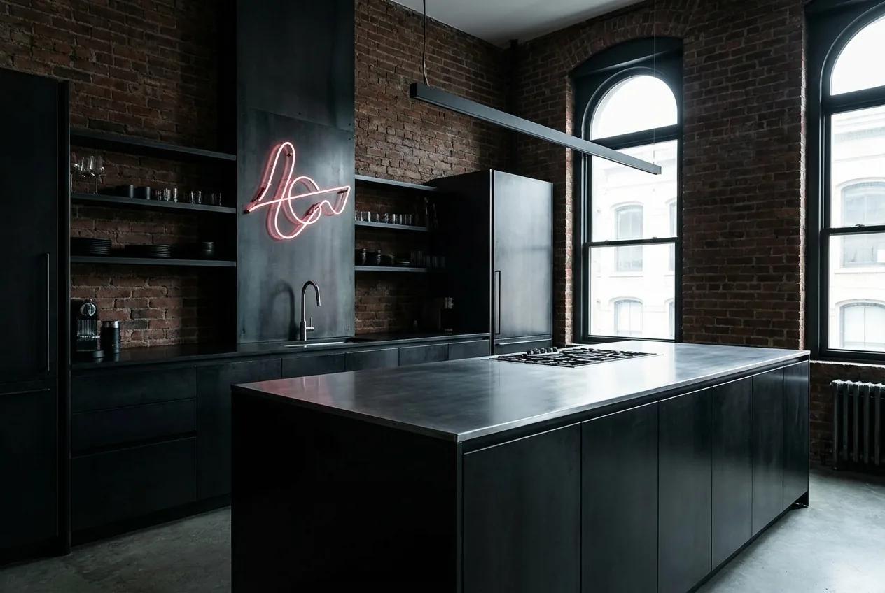 Cuisine industrielle dans un loft new-yorkais — rendu d’exemple (Nano Banana)