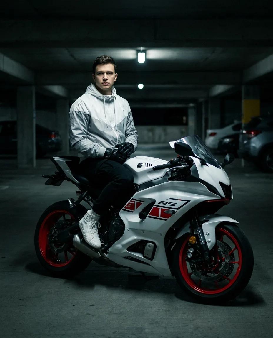 Portrait assis sur une moto sportive — rendu d’exemple (Nano Banana)