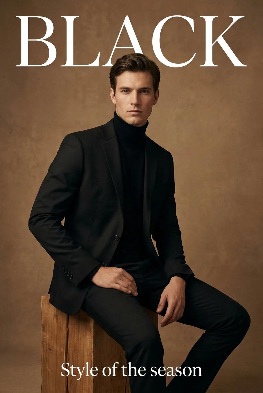 Couverture magazine, titre « BLACK » — rendu d’exemple (Nano Banana)