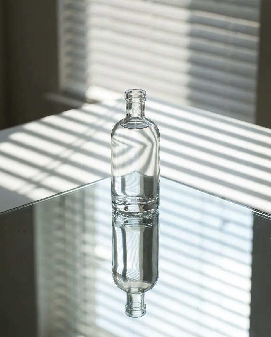 Packshot de flacon sur verre miroir — rendu d’exemple (Nano Banana)