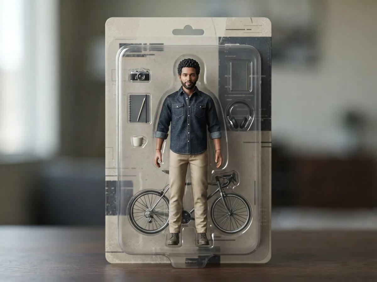 Figurine de collection sous blister — rendu d’exemple (Nano Banana)