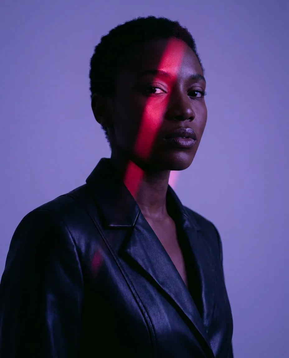 Portrait studio en clair-obscur magenta — rendu d’exemple (Nano Banana)