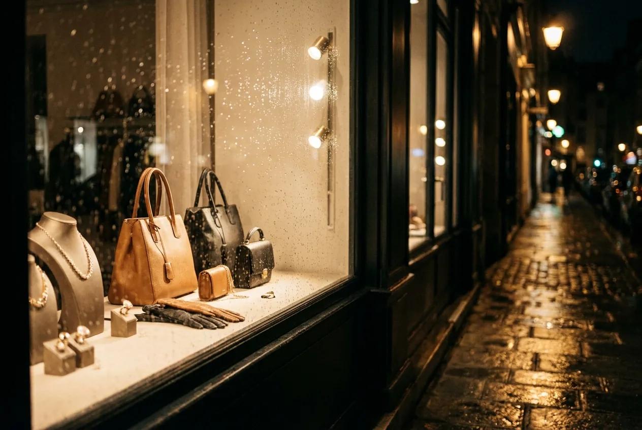 Vitrine de luxe la nuit — rendu d’exemple (Nano Banana)