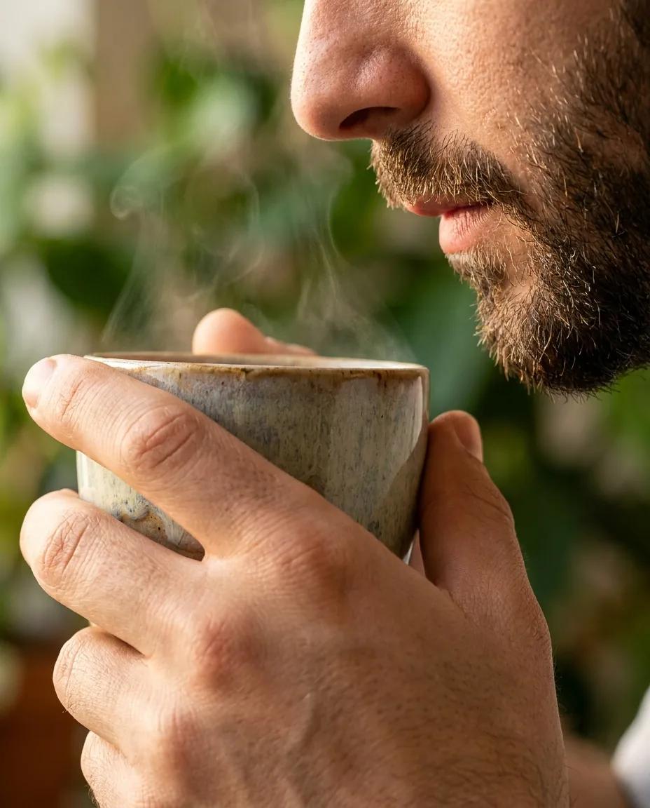 Macro d’une tasse de thé fumante — rendu d’exemple (Nano Banana)