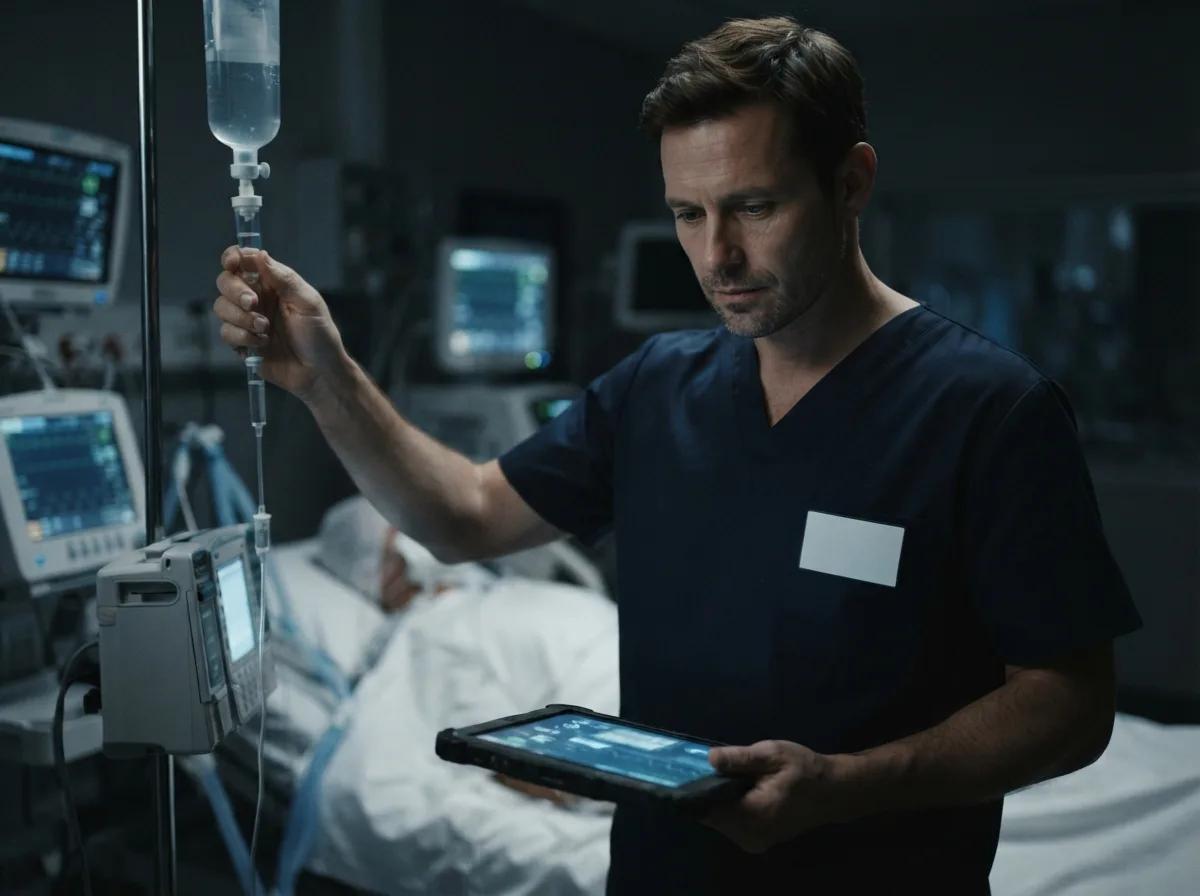 Portrait de médecin en réanimation, de nuit — rendu d’exemple (Nano Banana)
