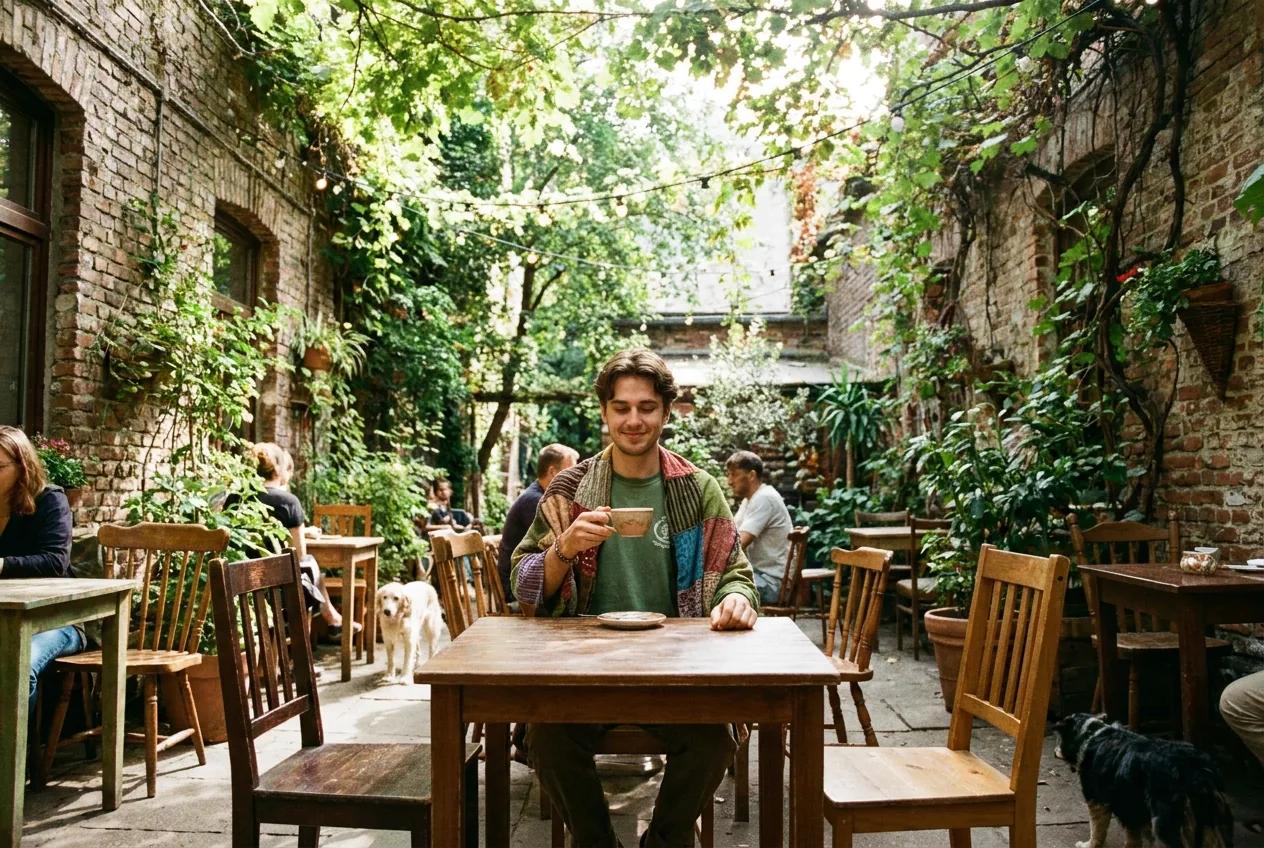Portrait en terrasse de café végétalisée — rendu d’exemple (Nano Banana)