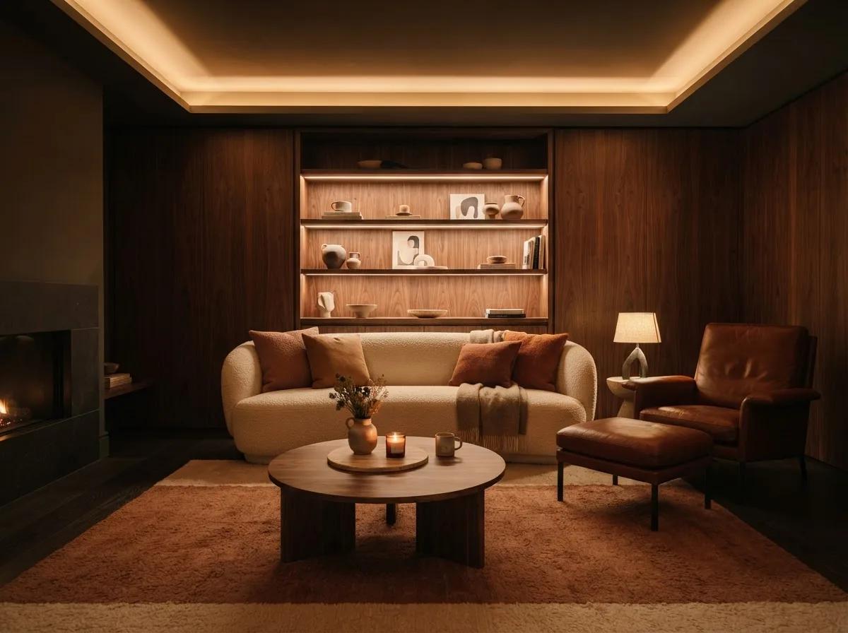 Salon minimaliste réchauffé en ambiance feutrée — rendu d’exemple (GPT Image)