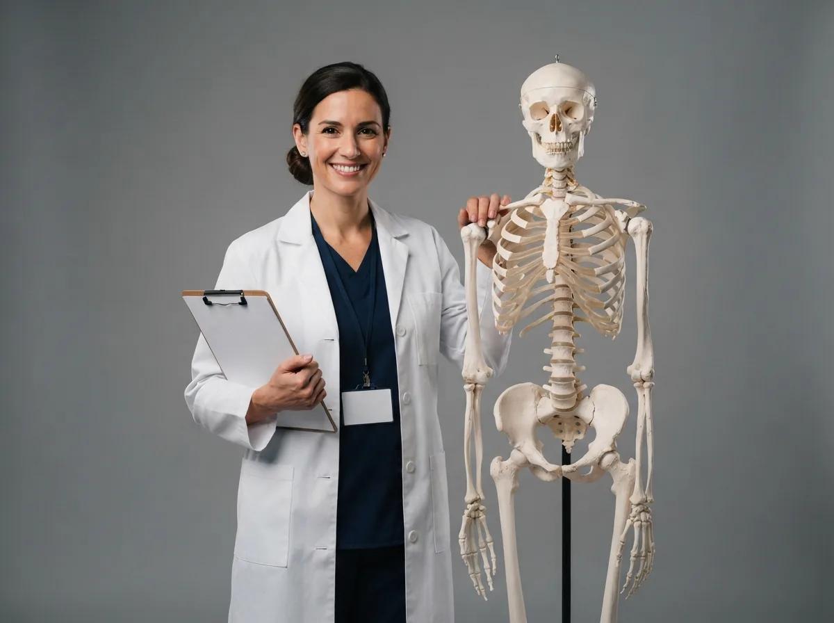Portrait de médecin avec squelette pédagogique — rendu d’exemple (Nano Banana)