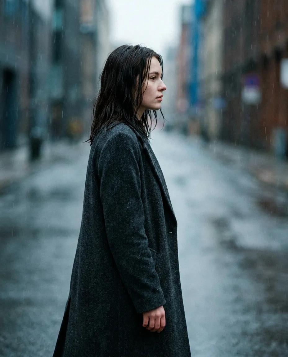 Portrait sous la pluie en ville — rendu d’exemple (Nano Banana)