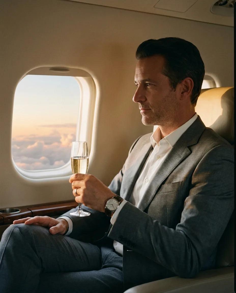 Portrait en jet privé — rendu d’exemple (Nano Banana)