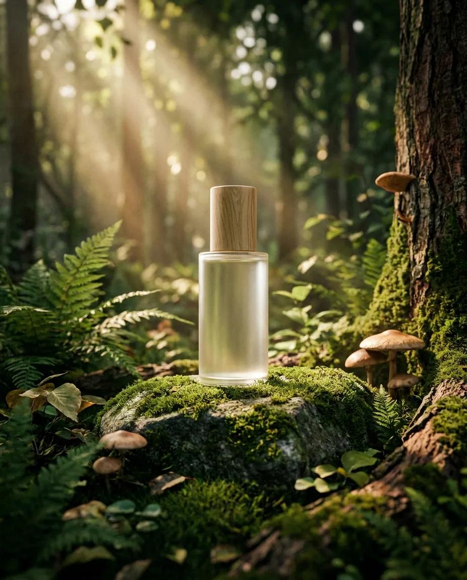 Packshot cosmétique en forêt — rendu d’exemple (Nano Banana)