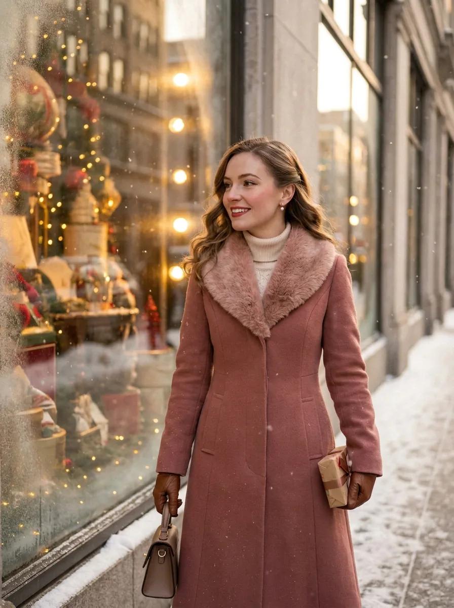 Portrait d’hiver devant une vitrine — rendu d’exemple (Nano Banana)
