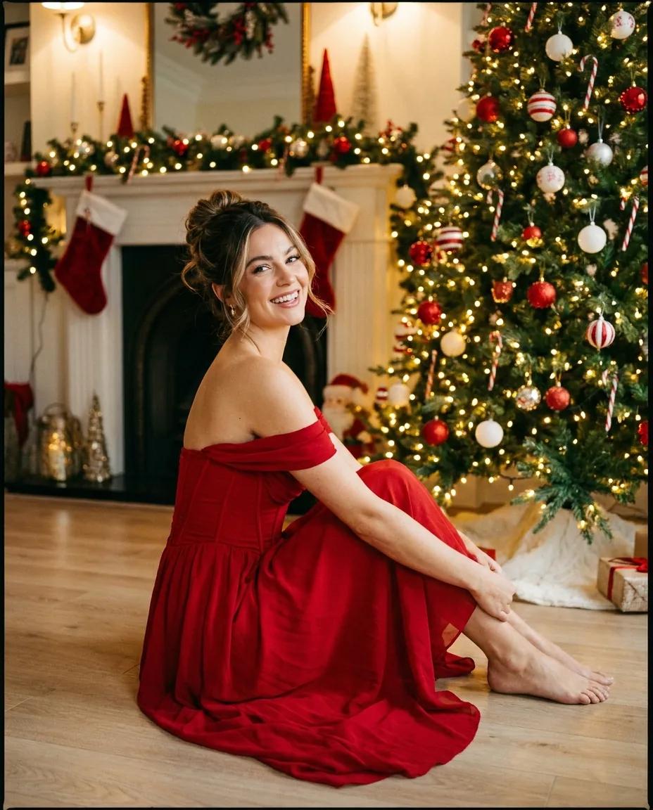 Portrait de Noël en robe rouge — rendu d’exemple (Nano Banana)