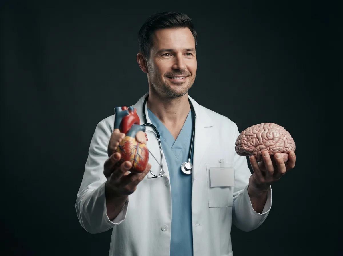 Portrait de médecin avec cœur et cerveau anatomiques — rendu d’exemple (Nano Banana)