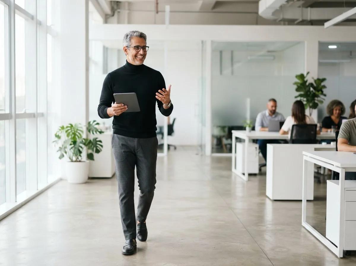 Entrepreneur en mouvement dans un open space — rendu d’exemple (Nano Banana)