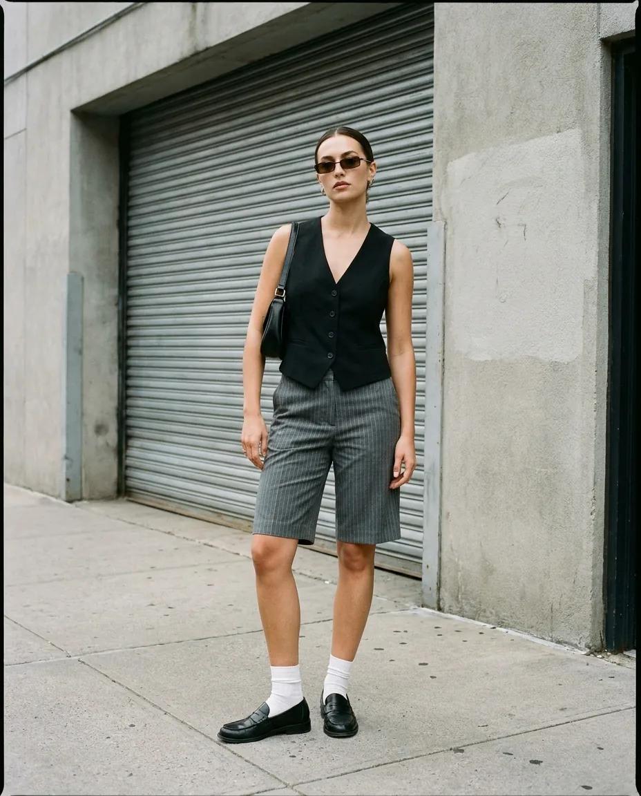 Street style féminin devant un garage — rendu d’exemple (Nano Banana)