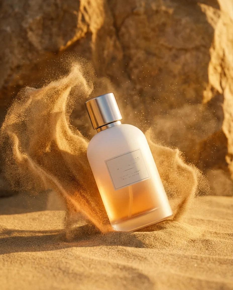 Packshot parfum dans une nuée de sable — rendu d’exemple (Nano Banana)