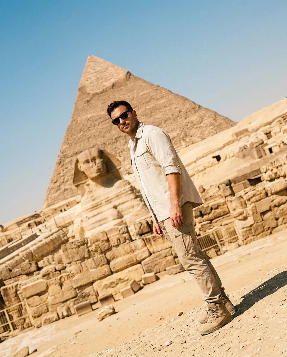 Photo voyage devant les pyramides de Gizeh — rendu d’exemple (Nano Banana)