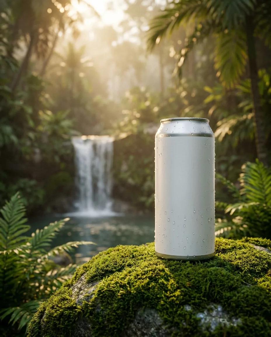 Packshot produit devant une cascade — rendu d’exemple (Nano Banana)
