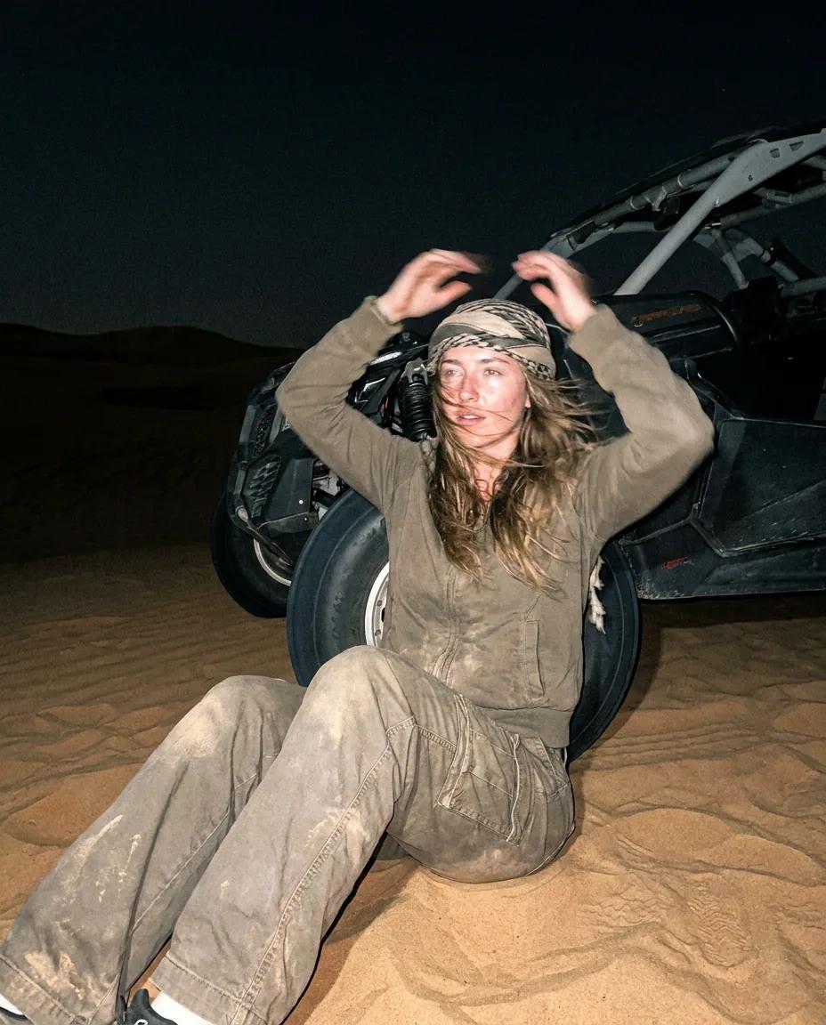 Photo au flash devant un buggy des dunes — rendu d’exemple (Nano Banana)