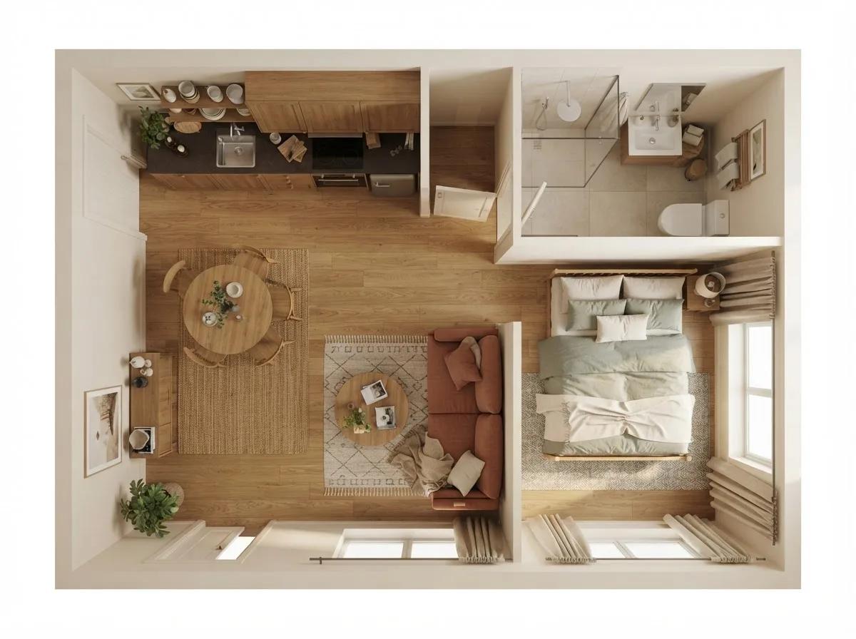 Plan meublé en rendu 3D vu du dessus — rendu d’exemple (GPT Image)
