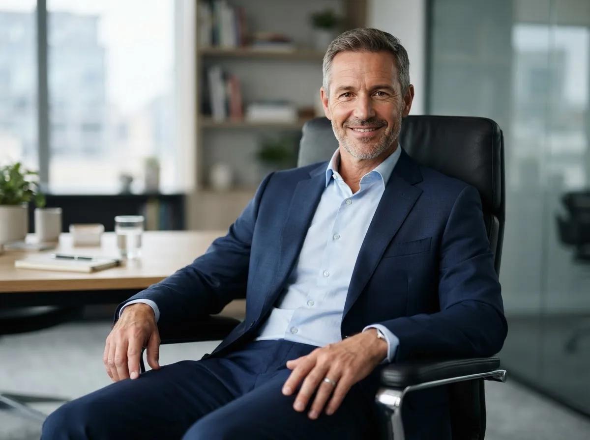 Portrait d’affaires en fauteuil de direction — rendu d’exemple (Nano Banana)