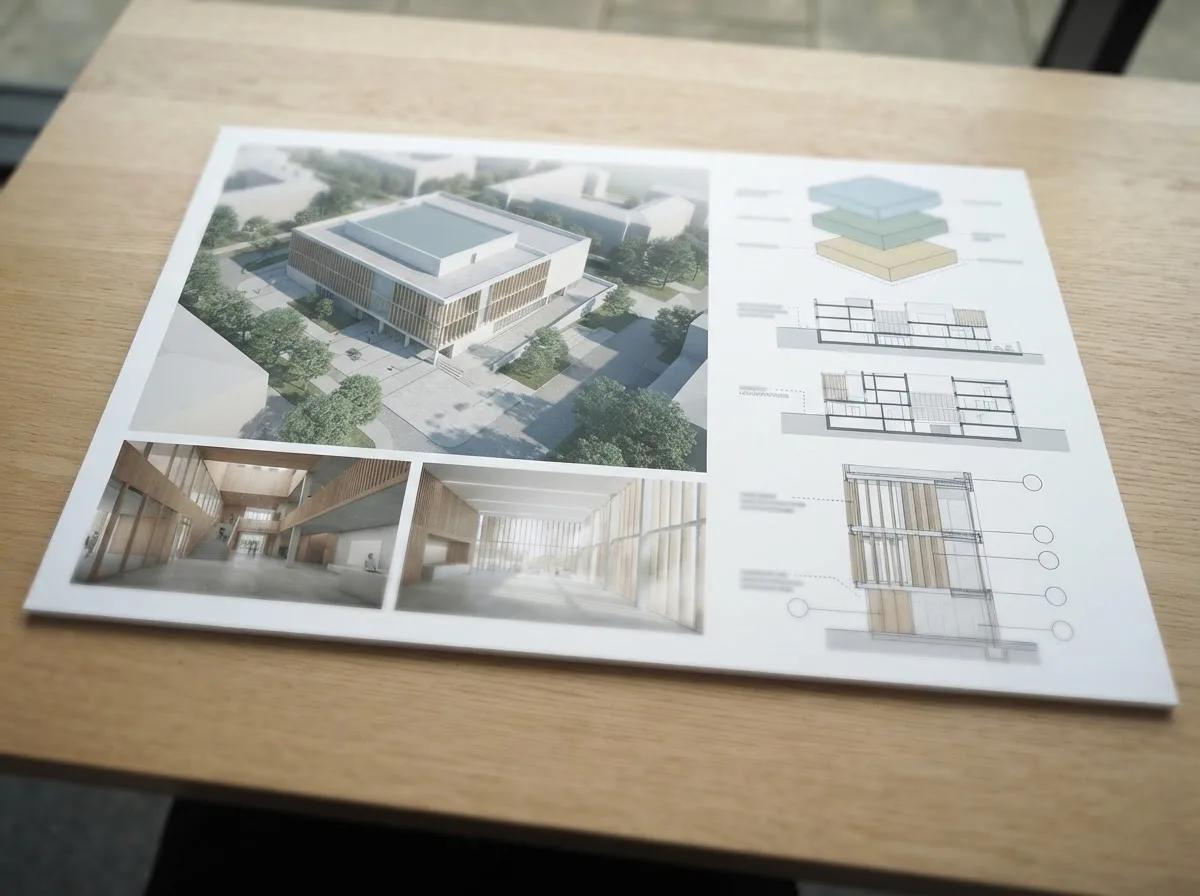 Planche de présentation d’un projet d’architecture — rendu d’exemple (Nano Banana)