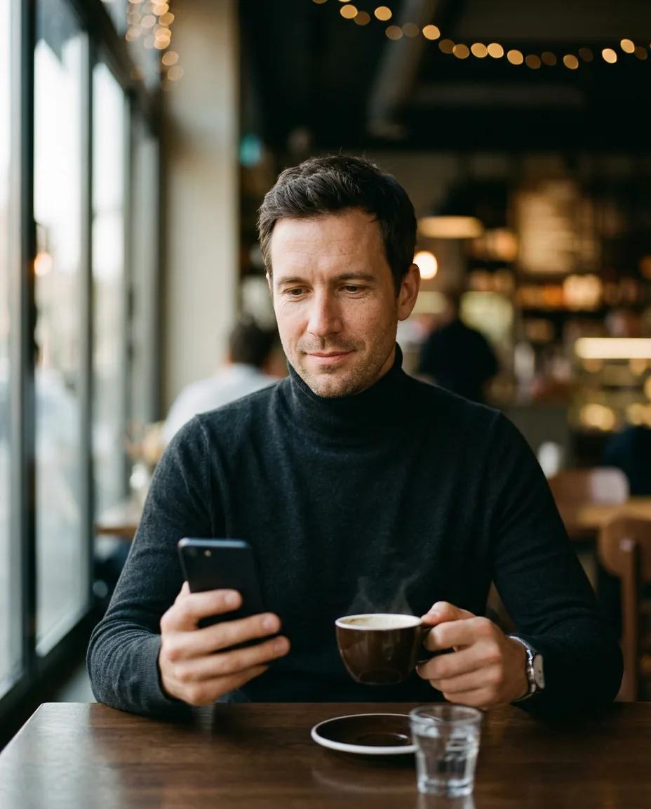 Portrait lifestyle en café, fond en bokeh — rendu d’exemple (Nano Banana)