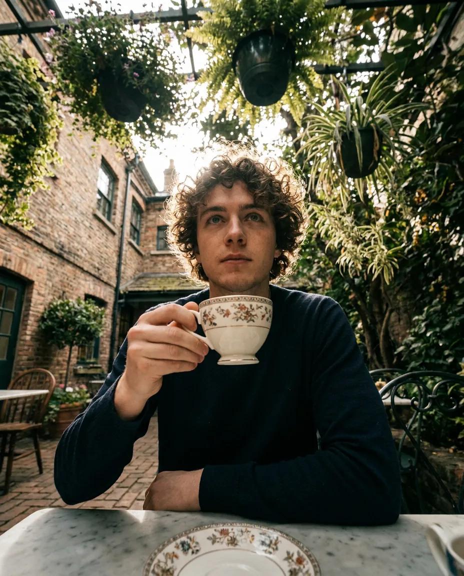 Portrait en contre-plongée dans un café-jardin — rendu d’exemple (Nano Banana)