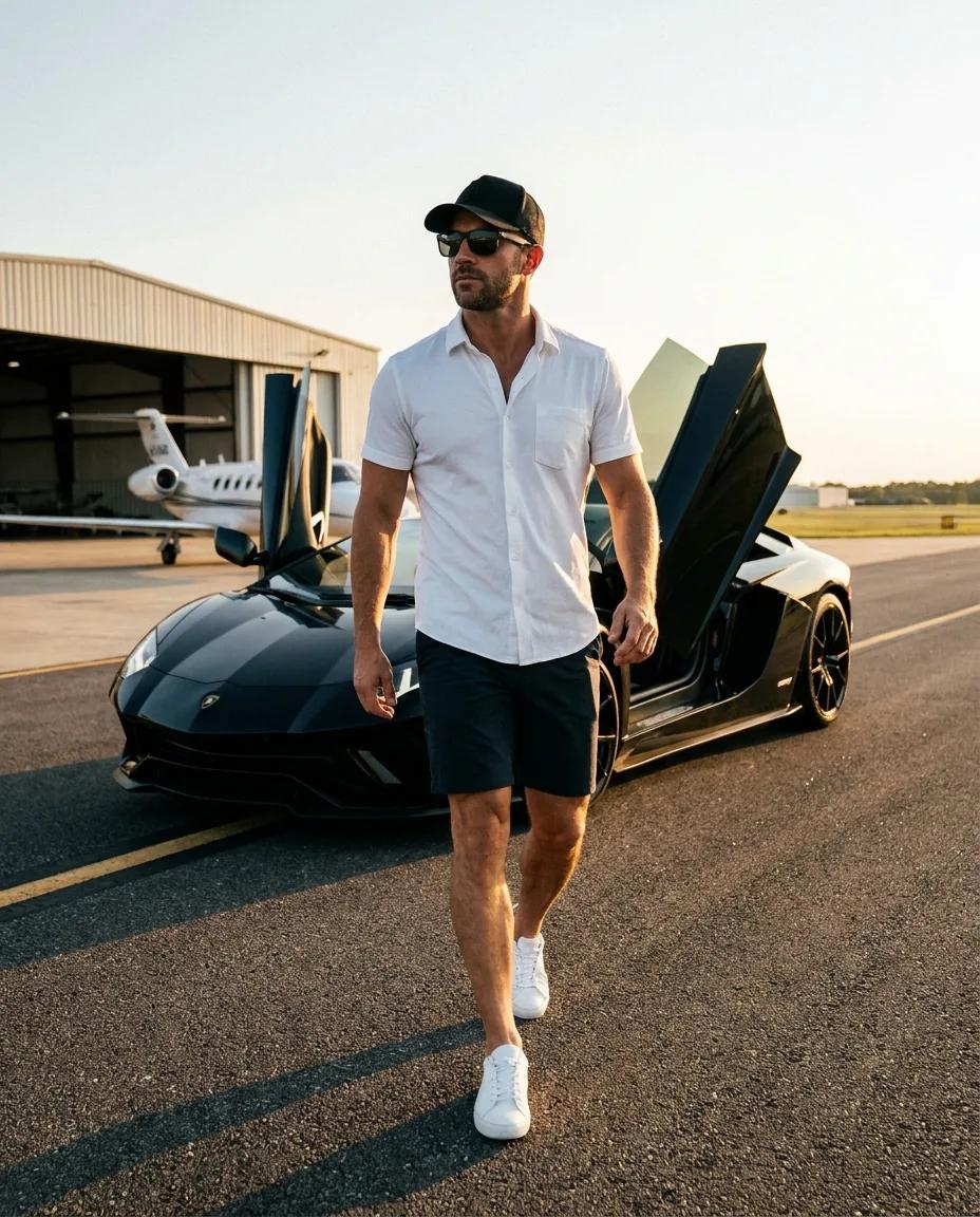 Portrait sur piste d’aéroport avec hypercar — rendu d’exemple (Nano Banana)