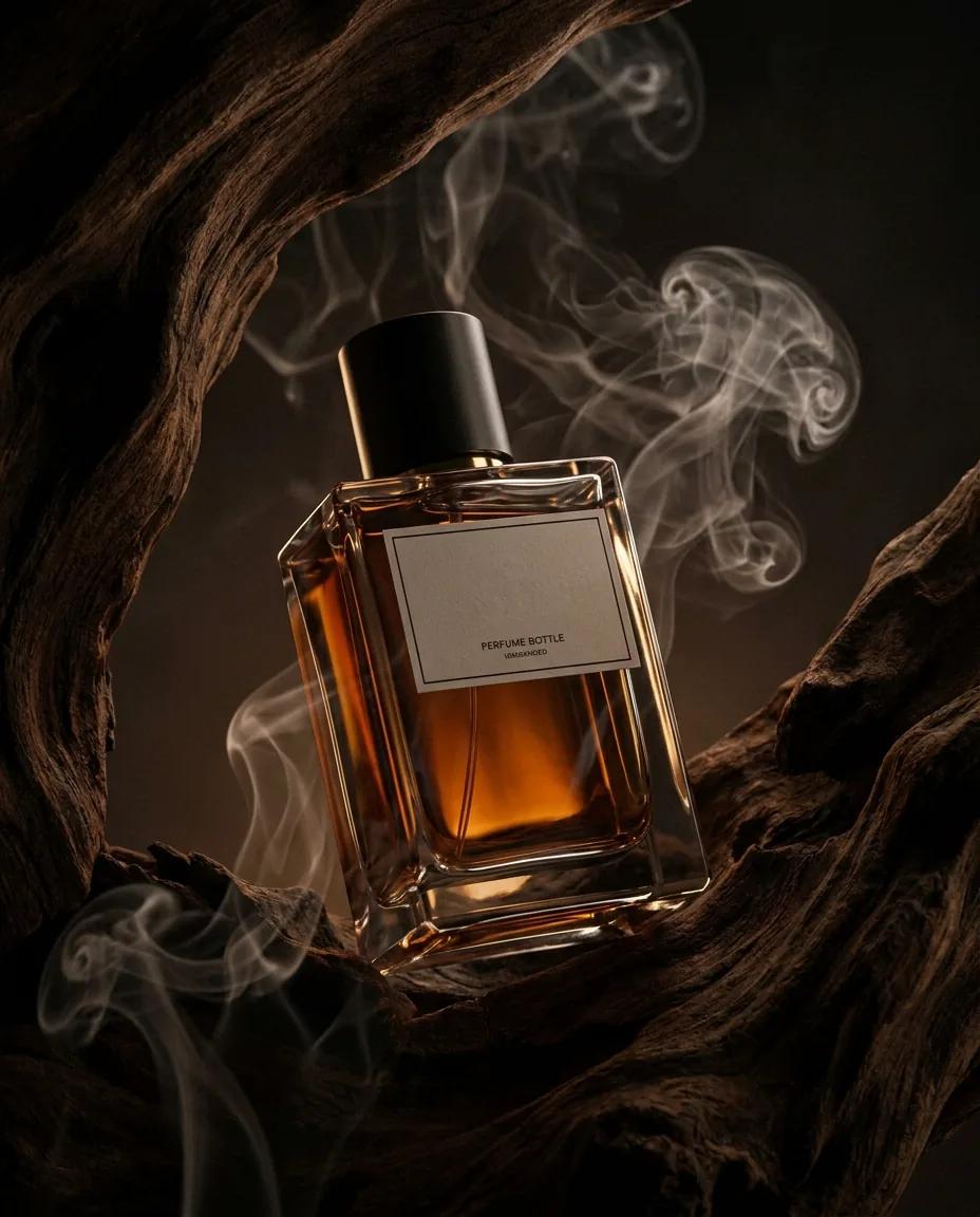 Packshot parfum en grotte de bois d’oud — rendu d’exemple (Nano Banana)