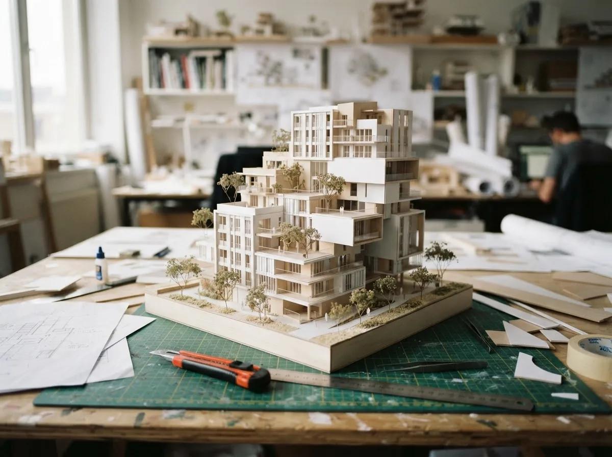 Croquis d’architecture en maquette sur l’établi — rendu d’exemple (Nano Banana)
