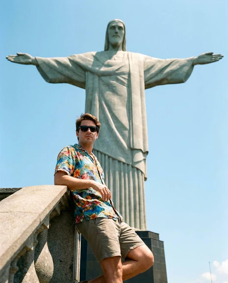 Photo voyage devant le Christ Rédempteur — rendu d’exemple (Nano Banana)