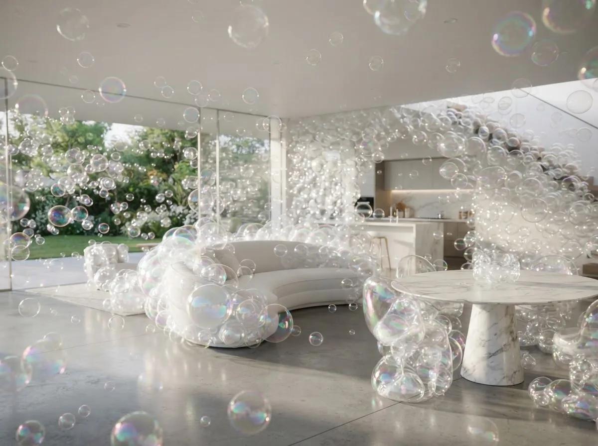 Maison formée de bulles — rendu d’exemple (Kling, Seedance, Veo)