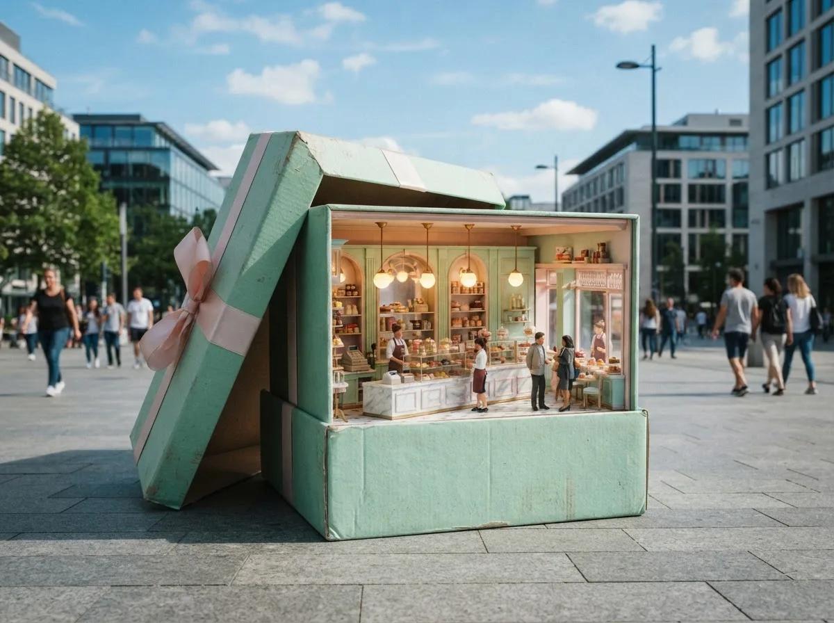 Boutique miniature dans un emballage géant — rendu d’exemple (GPT Image)