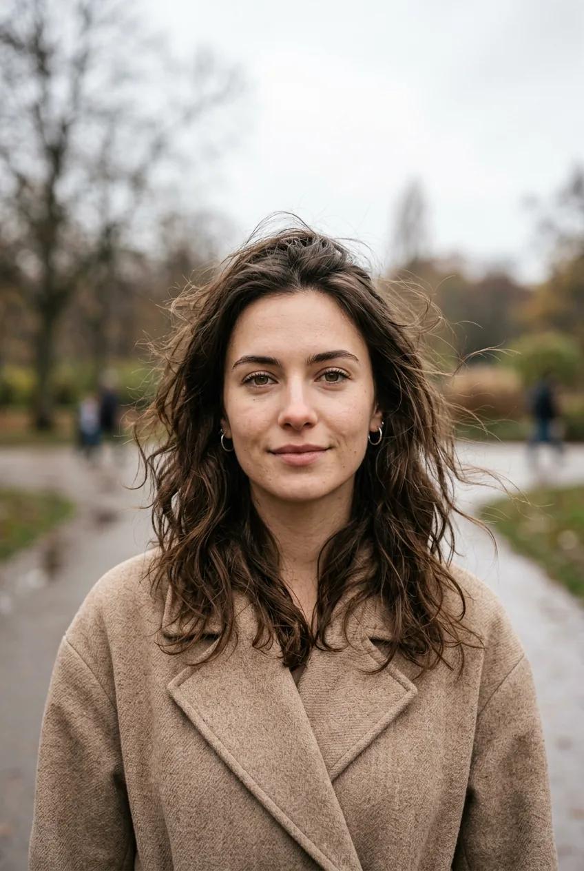 Portrait en extérieur, cheveux au vent — rendu d’exemple (Nano Banana)