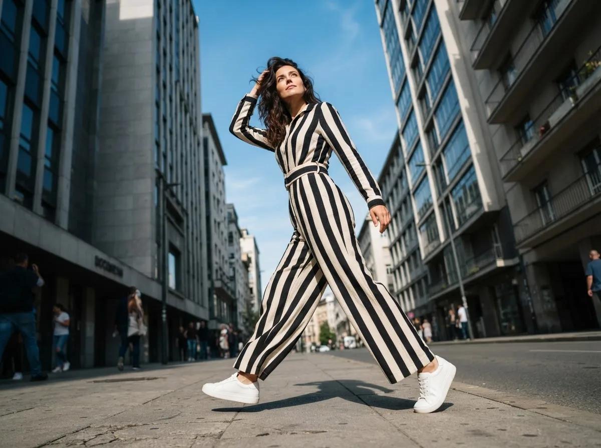 Portrait de rue en contre-plongée, combinaison rayée — rendu d’exemple (Nano Banana)