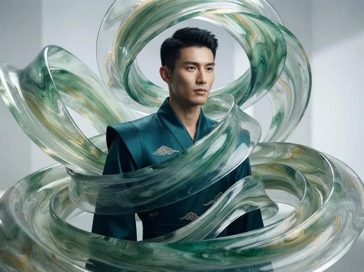 Portrait dans une tempête de verre marbré — rendu d’exemple (Nano Banana)